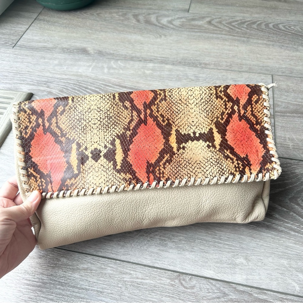 Neutral Beige & Orange Snake-Print Foldover Clutch